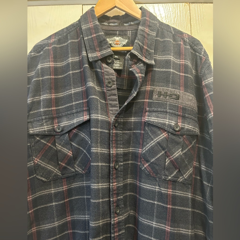 Harley-Davidson 2XL long sleeve large plaid Gray w/white & red Button Down Shirt